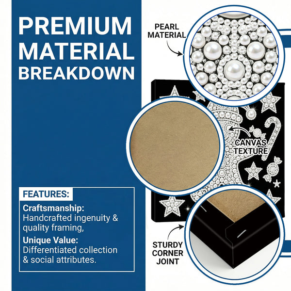 Promotional graphic for a jewelry box with a blue left panel reading 'PREMIUM MATERIAL BREAKDOWN' and three circular callouts showing close-ups of pearl material, canvas texture, and the sturdy corner joint. The right side shows the black jewelry box with white star and candy cane graphics.