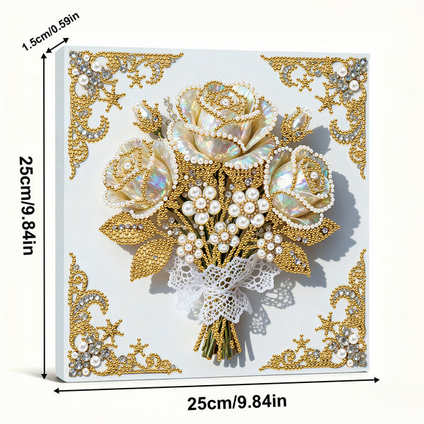 Decorative card with gold roses and pearls, showing dimensions on a white background.