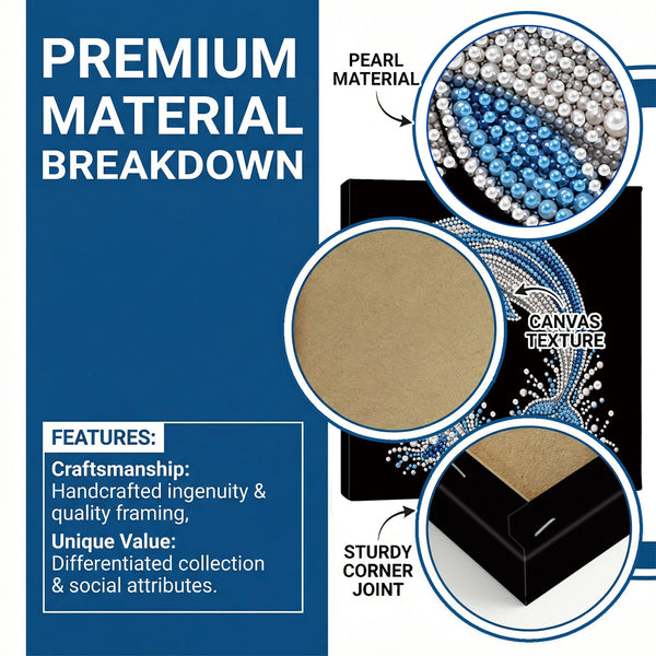 Promotional graphic for a premium rhinestone box, featuring a blue sidebar with text about premium material breakdown and features, alongside circular close-up callouts showing pearl material, canvas texture, and a sturdy corner joint.