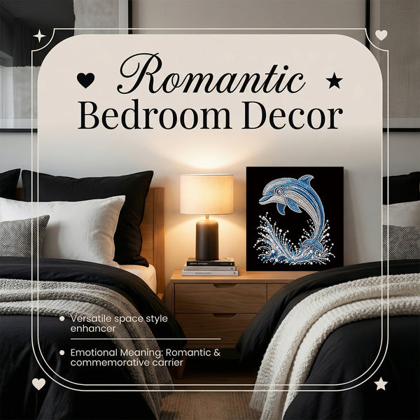 A framed graphic overlay for 'Romantic Bedroom Decor' shows a styled bedroom with two beds, a bedside lamp, and a black square wall art piece featuring a blue and white dolphin design. Text highlights the decorative and emotional meaning of the item.