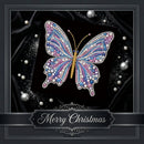 A decorative square graphic featuring a large jeweled butterfly centered on a black satin-like background with scattered pearl-like spheres and sparkles. Below the butterfly is a banner reading “Merry Christmas.