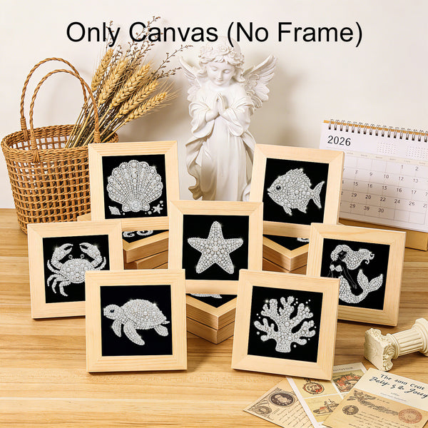 A set of canvas art prints with wooden frames, displayed on a wooden table with decorative props like a basket, wheat, a white angel statue, and a 2026 desk calendar. The text 'Only Canvas (No Frame)' is written at the top.