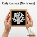 A person holds a square canvas print featuring a white coral-like design made of pearl-like studs on a black background. The text at the top reads 'Only Canvas (No Frame)', and a circular inset at the bottom right shows close-up pearls of different sizes.