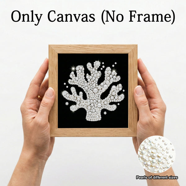 A person holds a square canvas print featuring a white coral-like design made of pearl-like studs on a black background. The text at the top reads 'Only Canvas (No Frame)', and a circular inset at the bottom right shows close-up pearls of different sizes.