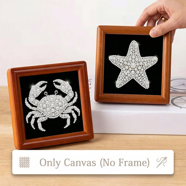 Two framed decorative pieces on a tabletop: a wooden frame with a rhinestone crab on black canvas and another wooden frame with a rhinestone starfish on black canvas. A hand is holding the starfish frame.