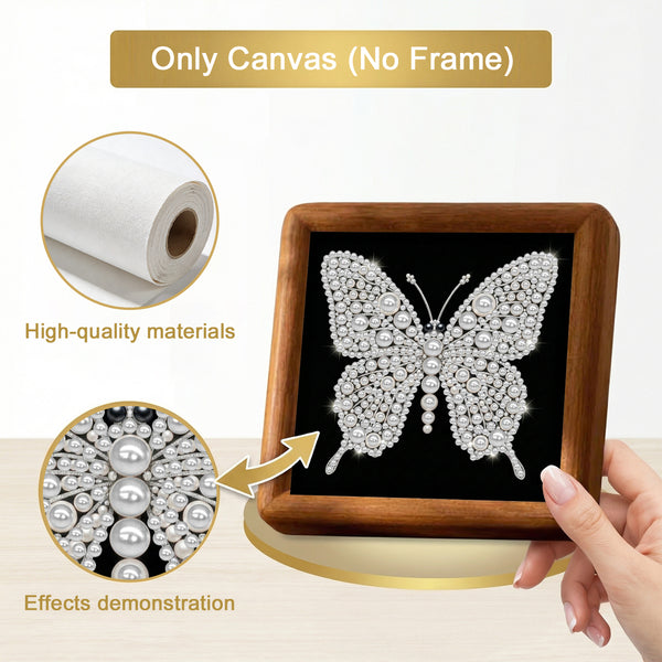A hand holds a square wooden frame with a black canvas showing a sparkling butterfly design. The image includes callout circles highlighting the white canvas roll and a close-up of the rhinestone-and-pearl butterfly effect, with text reading 'Only Canvas (No Frame)', 'High-quality materials', and 'Effects demonstration'.