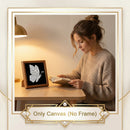 A woman in a beige knit sweater sits at a wooden desk reading a book under a warm lamp glow, with a framed canvas artwork showing a white butterfly on a black background beside her. The image includes a decorative border and the text 'Only Canvas (No Frame)'.