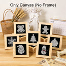 Eight small framed canvas prints with black backgrounds and white rhinestone-style holiday designs are arranged on a wooden table. The top text reads 'Only Canvas (No Frame)'.