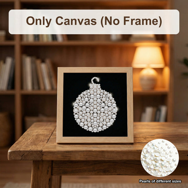 A framed canvas art piece featuring a sparkling white pearl ornament on a black background, displayed on a wooden table in a cozy, blurred library setting. Text overlays read 'Only Canvas (No Frame)' at the top and 'Pearls of different sizes' with a circular inset showing the pearl details.