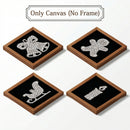 Four square canvas art pieces displayed in a 2x2 grid, each featuring a silver rhinestone-style Christmas motif on a black background inside a medium brown frame. The top of the image has a label reading 'Only Canvas (No Frame)'.