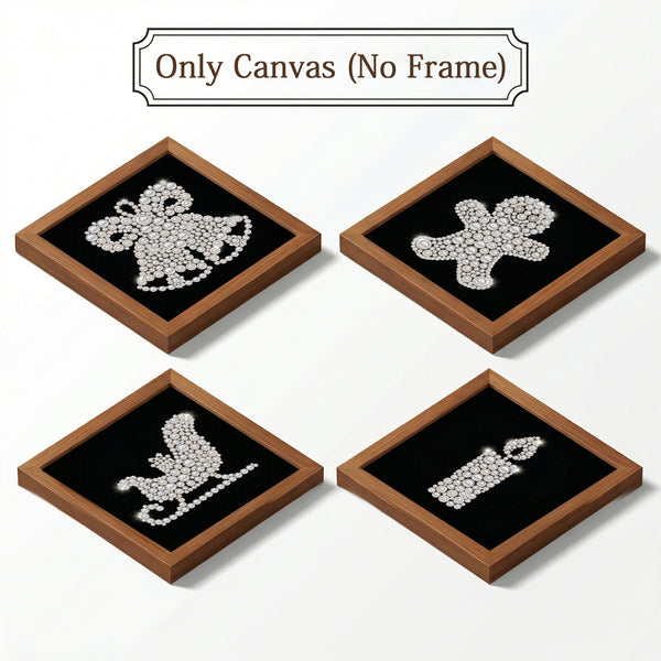 Four square canvas art pieces displayed in a 2x2 grid, each featuring a silver rhinestone-style Christmas motif on a black background inside a medium brown frame. The top of the image has a label reading 'Only Canvas (No Frame)'.