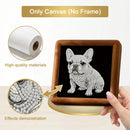 Canvas with a diamond-embellished dog painting held by a hand, with text about high-quality materials and effects.