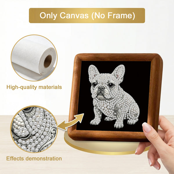 Canvas with a diamond-embellished dog painting held by a hand, with text about high-quality materials and effects.