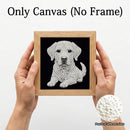 A person holds a square canvas art print featuring a dog portrait made of white pearls on a black background, in a light wood frame. The text 'Only Canvas (No Frame)' appears at the top, and a circular inset at the bottom right shows pearls of different sizes.