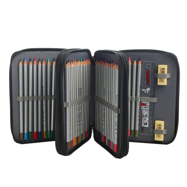 An open black zippered pencil case holding multiple colored drawing pencils, arranged side by side on a plain white background.