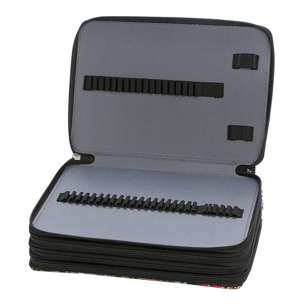 An open zippered pencil case with a gray interior and black trim, showing two black elastic pen loops inside.