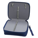 An open blue zippered pencil case with gray interior lining and elastic loops, shown on a plain white background.