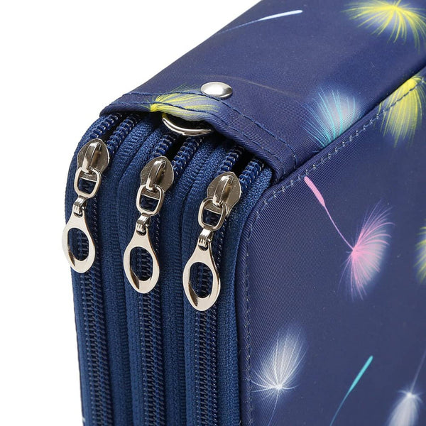 Close-up of a navy blue zippered pouch with a dandelion print, featuring three silver metal zipper pulls and a silver snap button closure.
