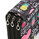 Black pencil case with colorful designs and text on a white background
