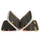 An open zippered pencil case holding multiple gray pencils, with several colored pencil tips visible at the ends and two small yellow erasers in the right compartment, shown on a plain white background.