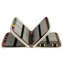 An open zippered pencil case holding many colored pencils arranged in rows, photographed on a plain white background.