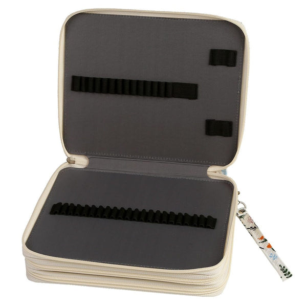 An open zippered hard case with a cream-colored exterior and dark gray interior padding, featuring black elastic loops and a small attached patterned wrist strap on a white background.