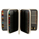 An open zippered pencil case displaying a large set of colored pencils organized in rows on both sides, shown against a plain white background.