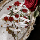 Decorative mirror with red roses, green leaves, and text on a white lace background.