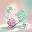 A mint green yarn holder with a ball of light purple yarn on a stand, shown on a soft pastel gradient background with two circular detail callouts highlighting features.