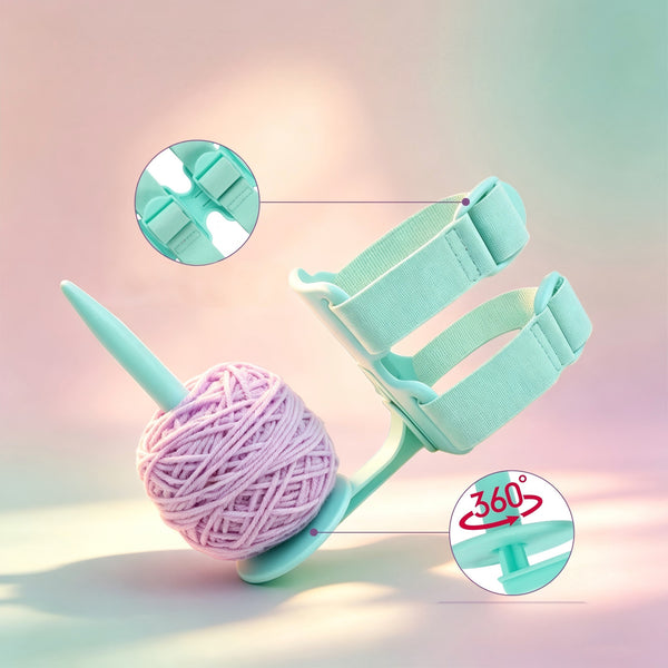 A mint green yarn holder with a ball of light purple yarn on a stand, shown on a soft pastel gradient background with two circular detail callouts highlighting features.