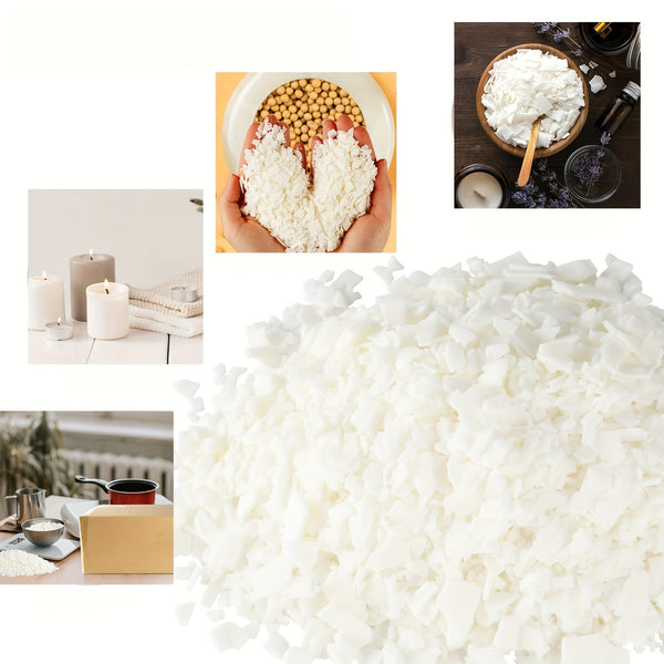 A collage showing white wax flakes or wax shavings in a large pile, with smaller inset photos of candles, hands holding a heart shape made of white wax, and wax in a wooden bowl.