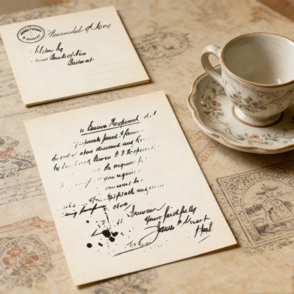 Two handwritten letters on a textured surface with a teacup and saucer.