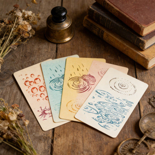 Set of cards with artistic designs on a wooden surface with books and dried flowers.