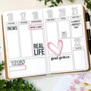 An open planner or journal spread showing a weekly layout with days from Monday through Sunday, decorated with black and pink handwritten notes and a pink heart outline. The planner is photographed on a light surface with green leaves and a pen around it.