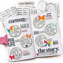 A styled flat-lay of a 'Currently' journaling kit, showing an open two-page spread with handwritten prompts, colorful butterfly stickers, and printed sheets of words on a white background.