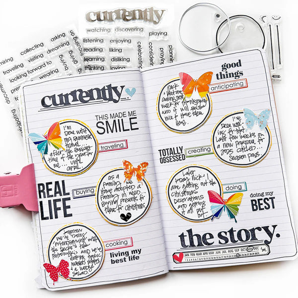 A styled flat-lay of a 'Currently' journaling kit, showing an open two-page spread with handwritten prompts, colorful butterfly stickers, and printed sheets of words on a white background.