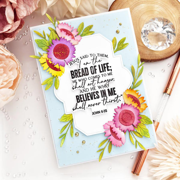 Decorative card with floral design and Bible verse on a light background
