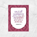A square wall art print featuring a Bible verse from Hebrews 11:1. The design has a white central label with purple and pink text, set against a dusty rose background with a dark pink dotted geometric pattern.