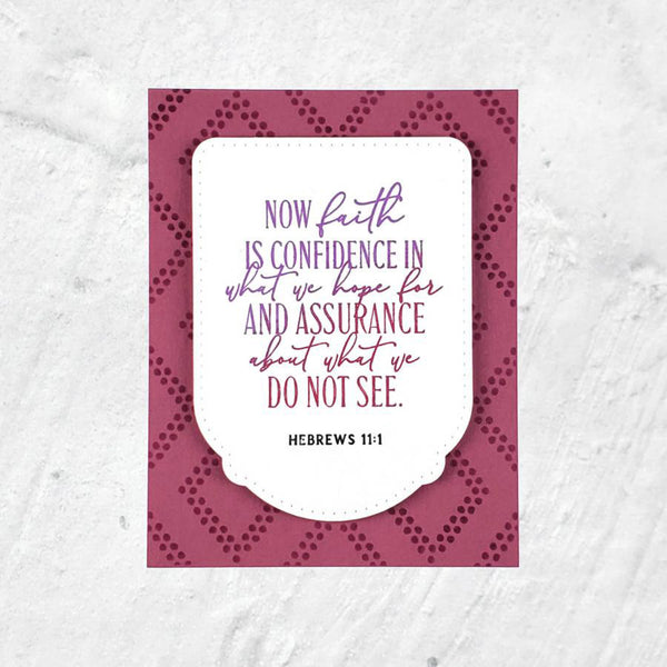 A square wall art print featuring a Bible verse from Hebrews 11:1. The design has a white central label with purple and pink text, set against a dusty rose background with a dark pink dotted geometric pattern.