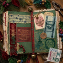 Decorative Christmas card with vintage elements on a wooden surface.