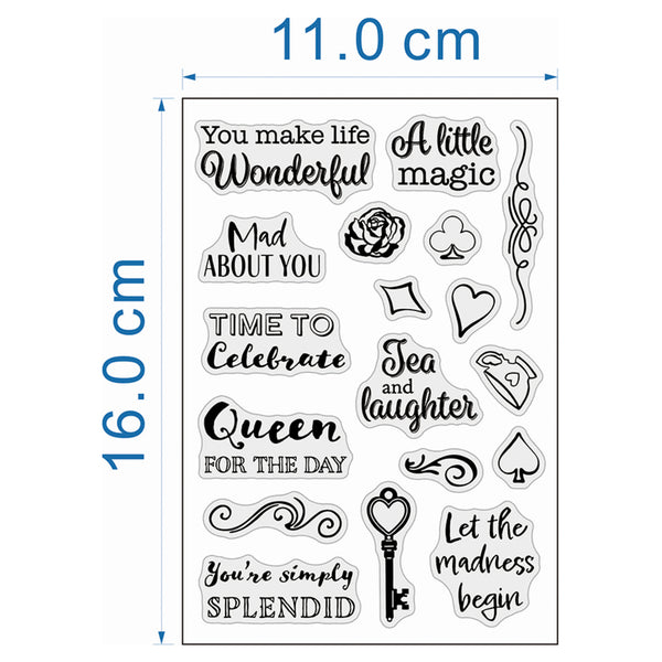 A sheet of clear stamp designs with black printed phrases and symbols, shown on a white background with blue dimension lines indicating 11.0 cm width and 16.