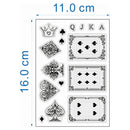 A sheet of playing card-themed stickers or decals shown on a white background with blue dimension lines indicating 11.0 cm width and 16.