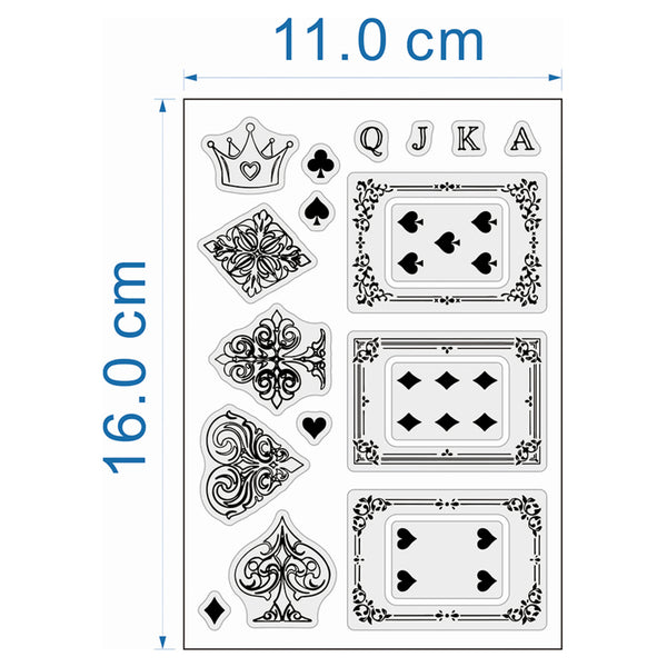 A sheet of playing card-themed stickers or decals shown on a white background with blue dimension lines indicating 11.0 cm width and 16.