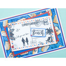 A layered handmade postcard and envelope set with a beach theme, featuring blue, red, and white colors with illustrations of palm trees, a beach chair, and silhouettes of people.