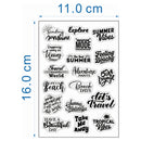 A sheet of black and white travel-themed sticker designs shown on a white background with blue dimension lines indicating 11.0 cm width and 16.