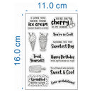 A sheet of clear acrylic or rubber stamps with black printed phrases and illustrations, shown on a white background with blue dimension lines indicating 11.0 cm width and 16.