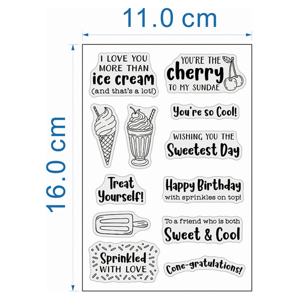 A sheet of clear acrylic or rubber stamps with black printed phrases and illustrations, shown on a white background with blue dimension lines indicating 11.0 cm width and 16.