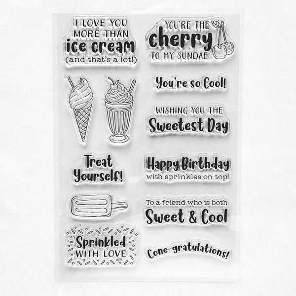 A sheet of clear acrylic or rubber stamp designs featuring various sweet treats and sweet-themed phrases, including ice cream cones, sundaes, popsicles, and birthday and congratulations messages.