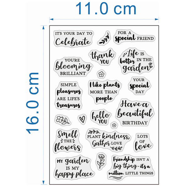 A sheet of clear acrylic or rubber stamp designs with multiple black phrase stamps and small floral motifs, shown on a white background with blue dimension lines indicating 11.0 cm width and 16.