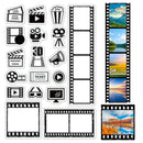A sheet of black and white film-strip-shaped stickers with movie-themed icons such as clapperboards, popcorn, tickets, cameras, and a megaphone, alongside several blank film strip frames and two vertical strips showing landscape photo examples.